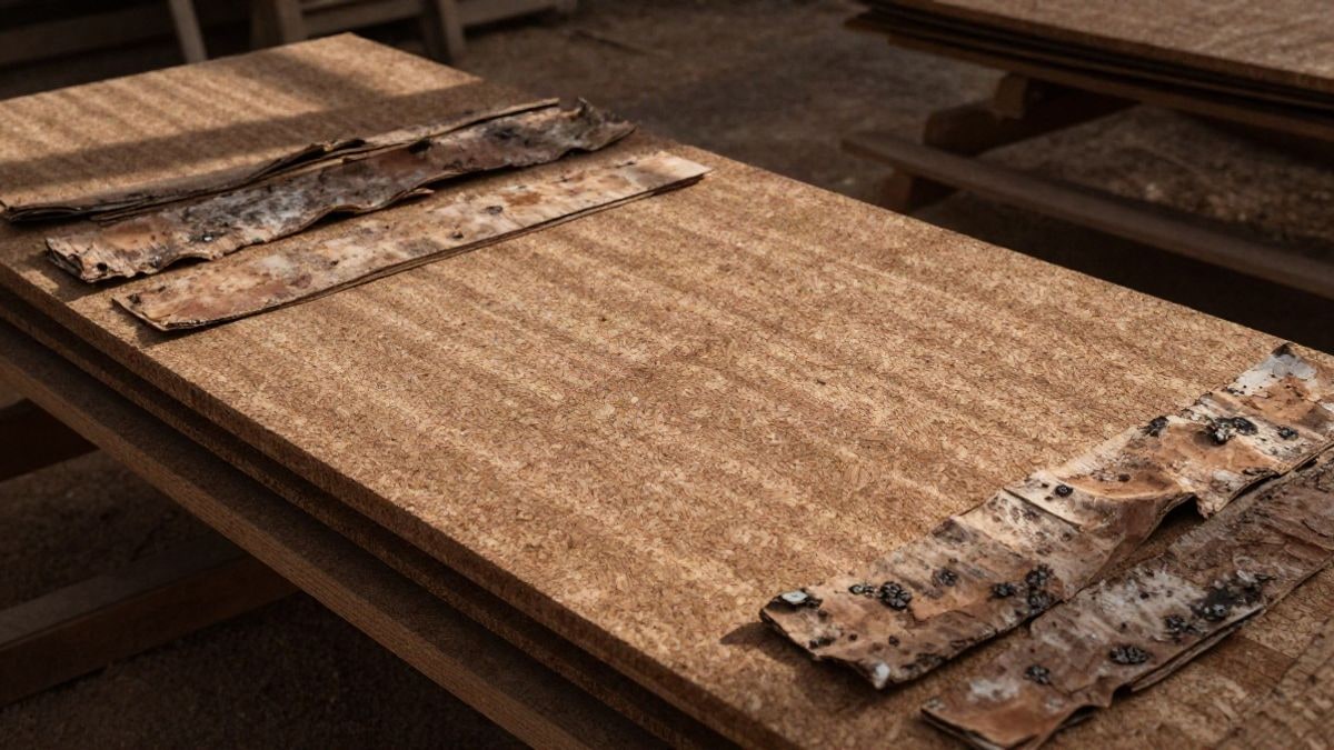Imagen ilustrativa: vista cenital de planchas de corcho apiladas en un patio rural