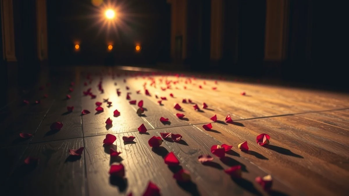 Imagen ilustrativa: primer plano de un escenario de madera con pétalos de rosa y un foco teatral, sin personas.
