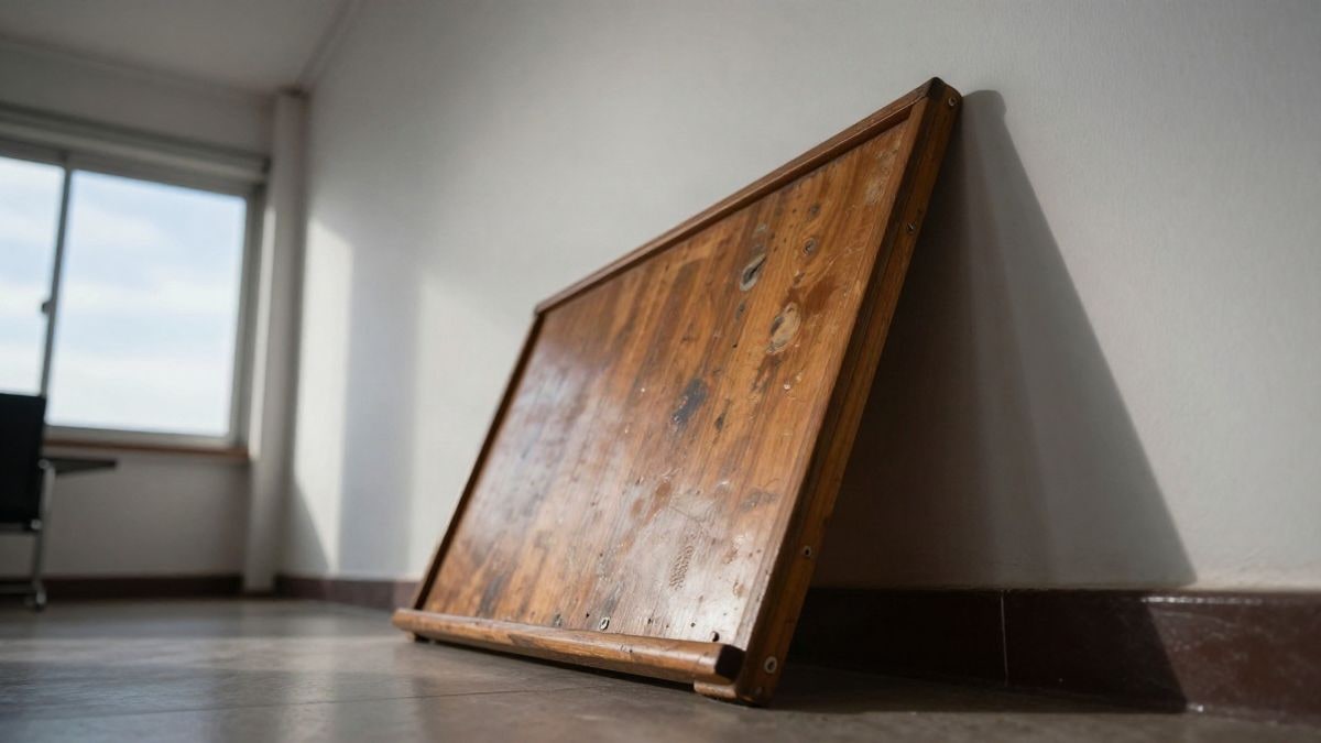 Imagen ilustrativa: un panel expositivo de madera apoyado contra una pared blanca, iluminado por luz natural lateral
