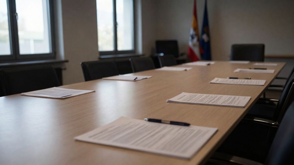 Imagen ilustrativa: sala de reuniones vacía con mesa larga y ventanales iluminados