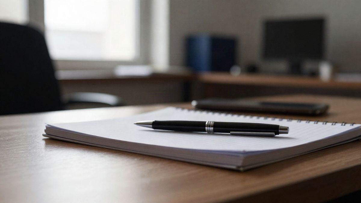 Imagen ilustrativa: detalle de una mesa de madera con un cuaderno y un bolígrafo en una oficina