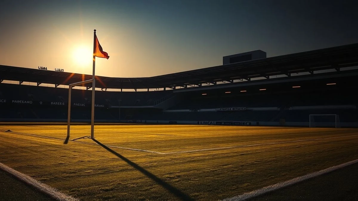 Imagen ilustrativa: un estadio de fútbol al atardecer con una portería en silueta y sombras largas sobre el césped.