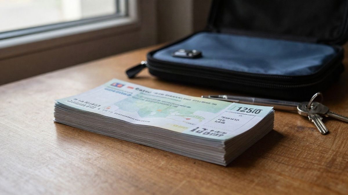 Imagen ilustrativa: primer plano de un fajo de entradas de papel y una carpeta de viaje sobre una mesa de madera