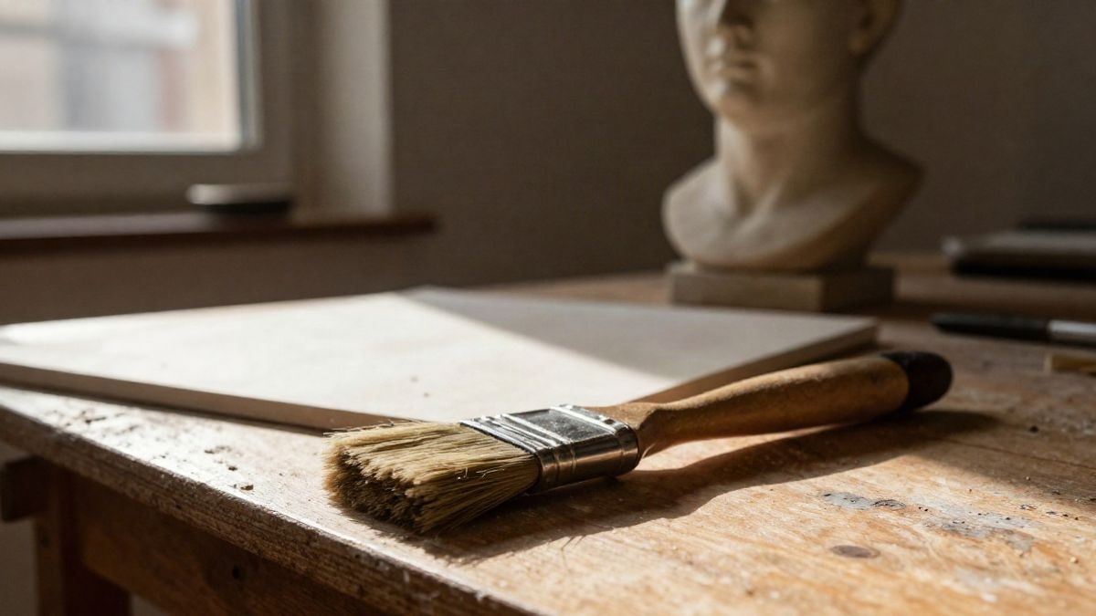 Imagen ilustrativa: pincel y cincel sobre una mesa con un lienzo y un busto de arcilla al fondo