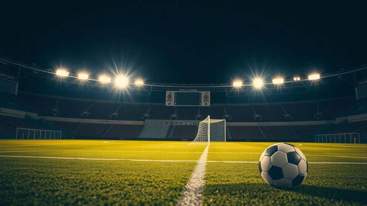 Estadio de fútbol vacío iluminado por focos nocturnos con un balón en el césped