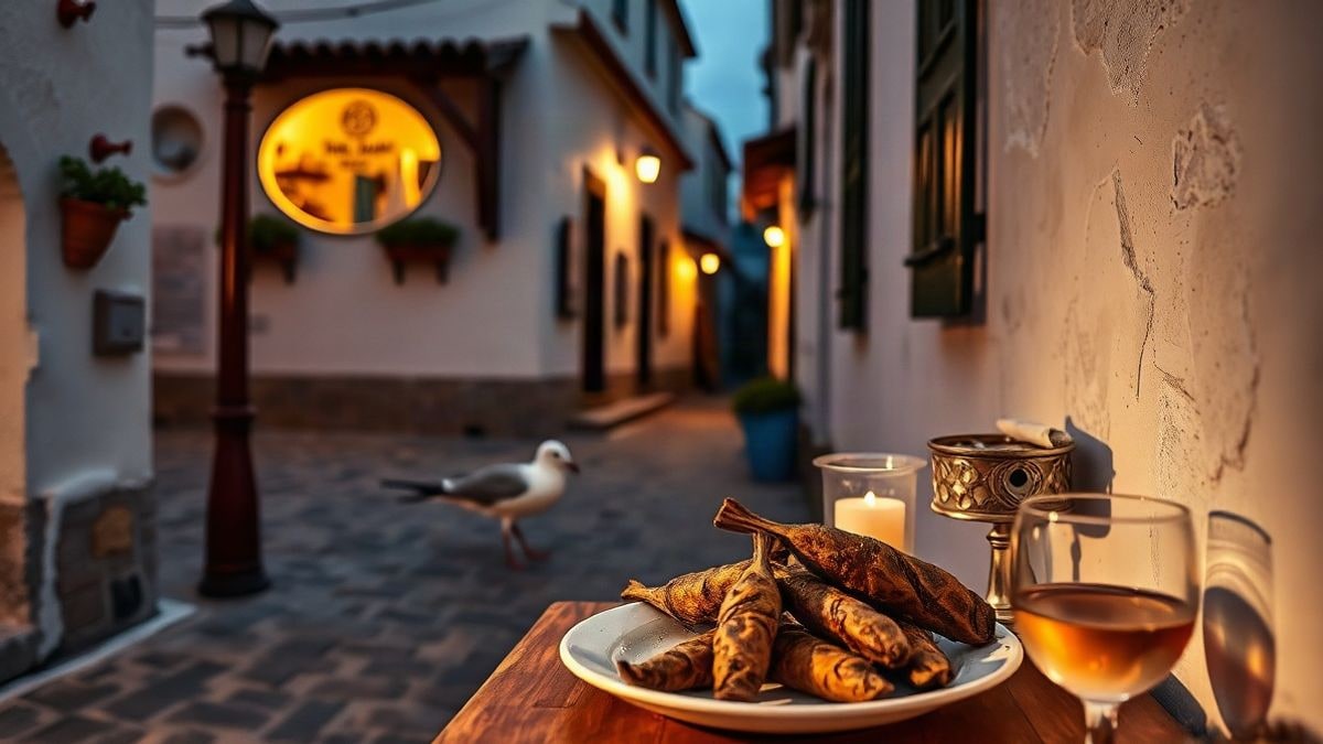 Imagen ilustrativa: mesa con mojama y vino en una calle andaluza al atardecer, con farolillos