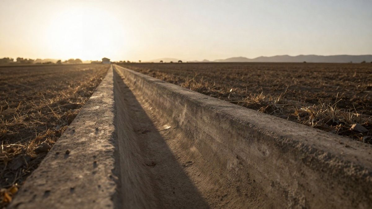 Imagen ilustrativa: canal de hormigón para riego al atardecer, con sombras largas sobre un campo seco