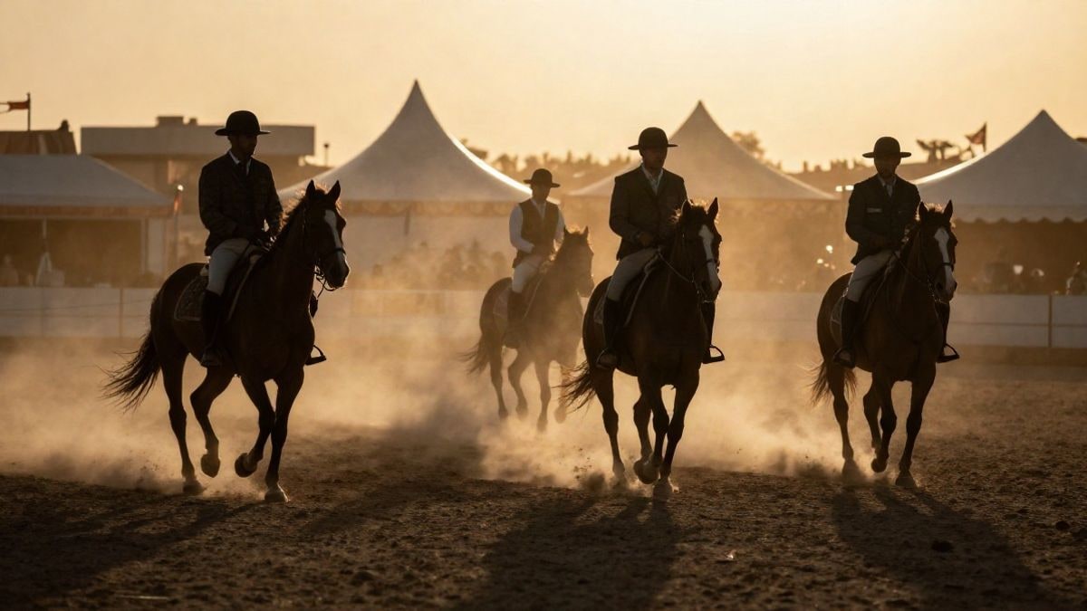 Imagen ilustrativa: siluetas de caballos y jinetes en un recinto ferial al atardecer