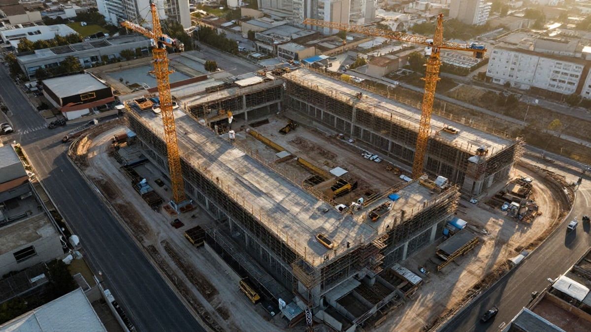 Imagen ilustrativa: vista cenital de una obra hospitalaria con grúas y cimentaciones al atardecer
