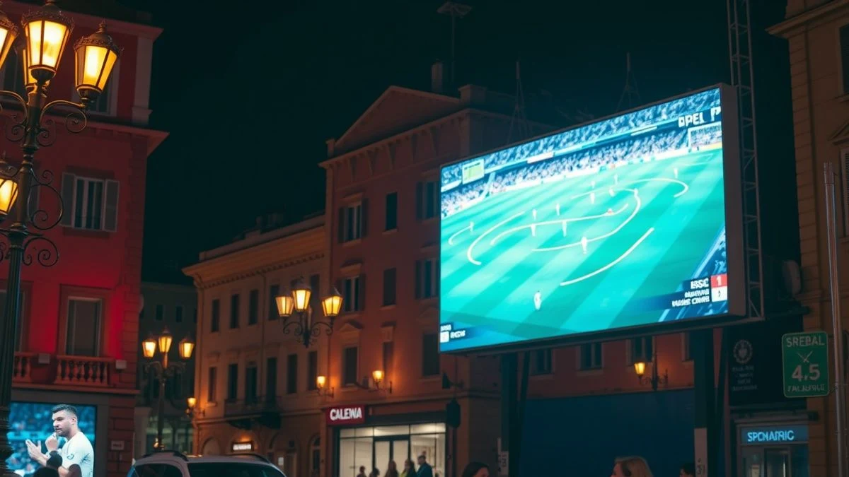 Plaza iluminada con pantalla gigante y público viendo un partido de fútbol