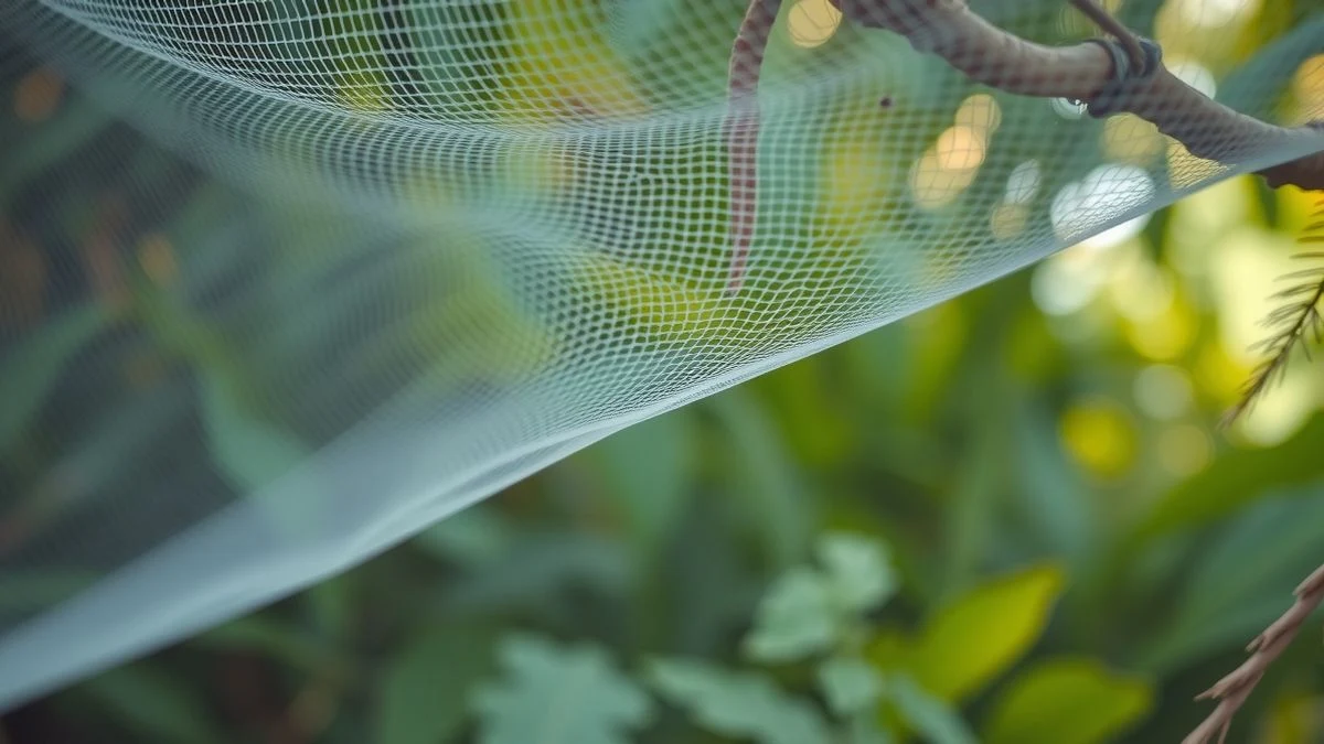 Imagen ilustrativa: detalle de una mosquitera con fondo de vegetación borroso