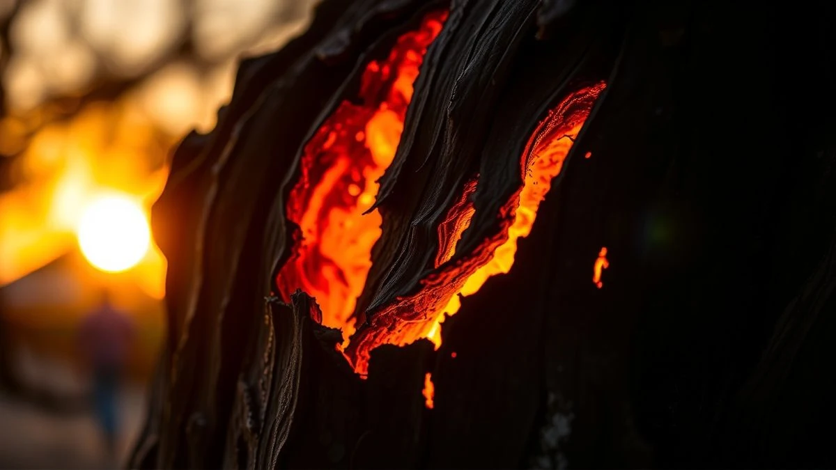 Imagen ilustrativa: detalle de corteza de eucalipto carbonizada con ascuas, al atardecer, con humo de fondo