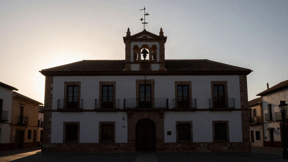 Imagen ilustrativa: fachada de un edificio consistorial genérico al atardecer con sombras largas
