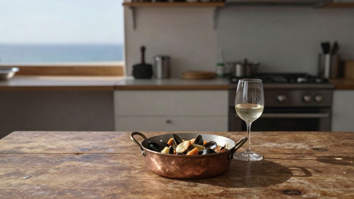 Imagen ilustrativa: cazuela de cobre con guiso marinero sobre una mesa de madera junto a una copa de vino blanco.