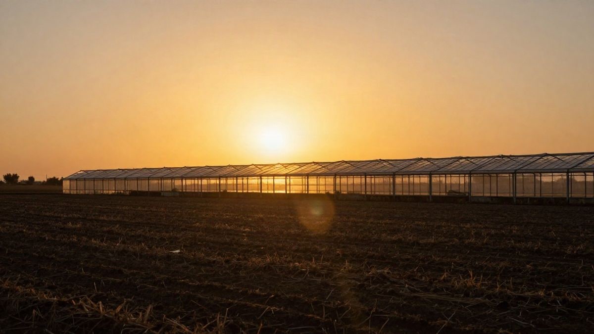 Imagen ilustrativa: contraluz al atardecer sobre un paisaje agrícola con invernaderos vacíos y sombras largas