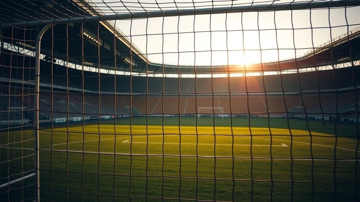 Imagen ilustrativa: una portería de fútbol vacía en un estadio al atardecer, con luz natural y fondo desenfocado.