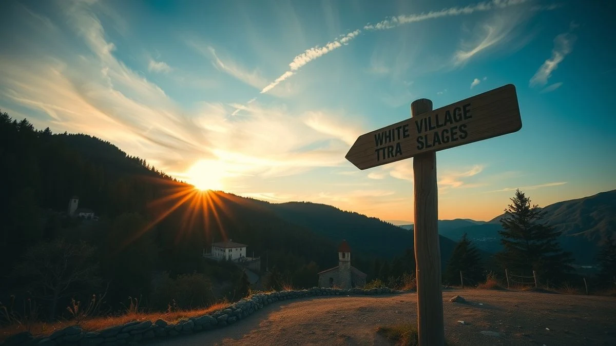 Imagen ilustrativa: un cartel de madera con indicaciones hacia pueblos blancos en un paisaje de montaña al atardecer.