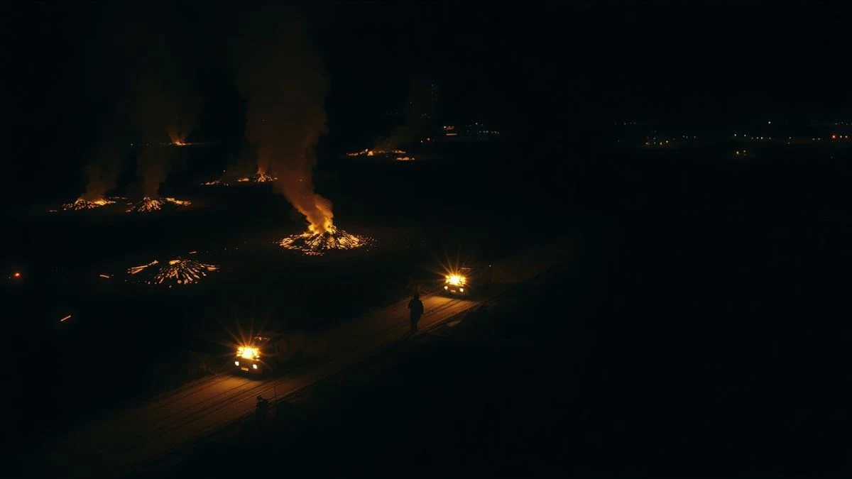 Imagen ilustrativa: vista aérea nocturna de un incendio forestal con focos de luz y humo, y vehículos de emergencia en una pista forestal.