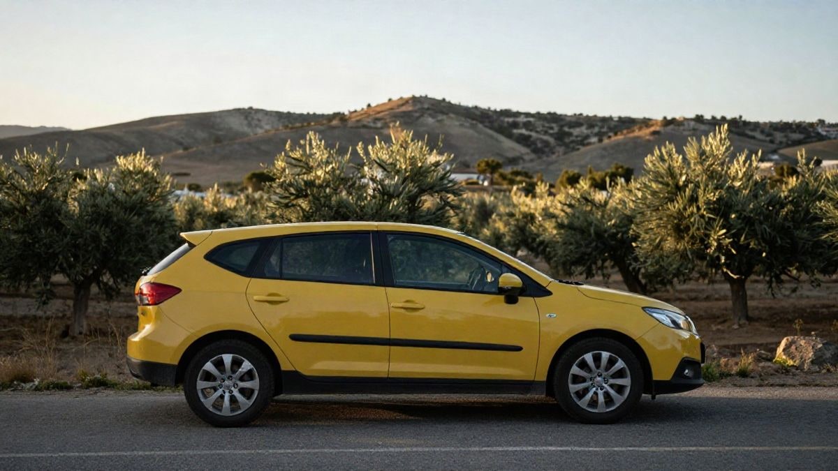 Imagen ilustrativa: autobús escolar amarillo estacionado en una carretera rural con olivares al fondo