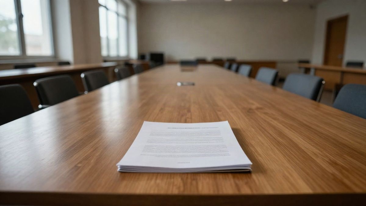Imagen ilustrativa: sala de reuniones institucional vacía con una carpeta sobre la mesa y luz natural entrando por los ventanales