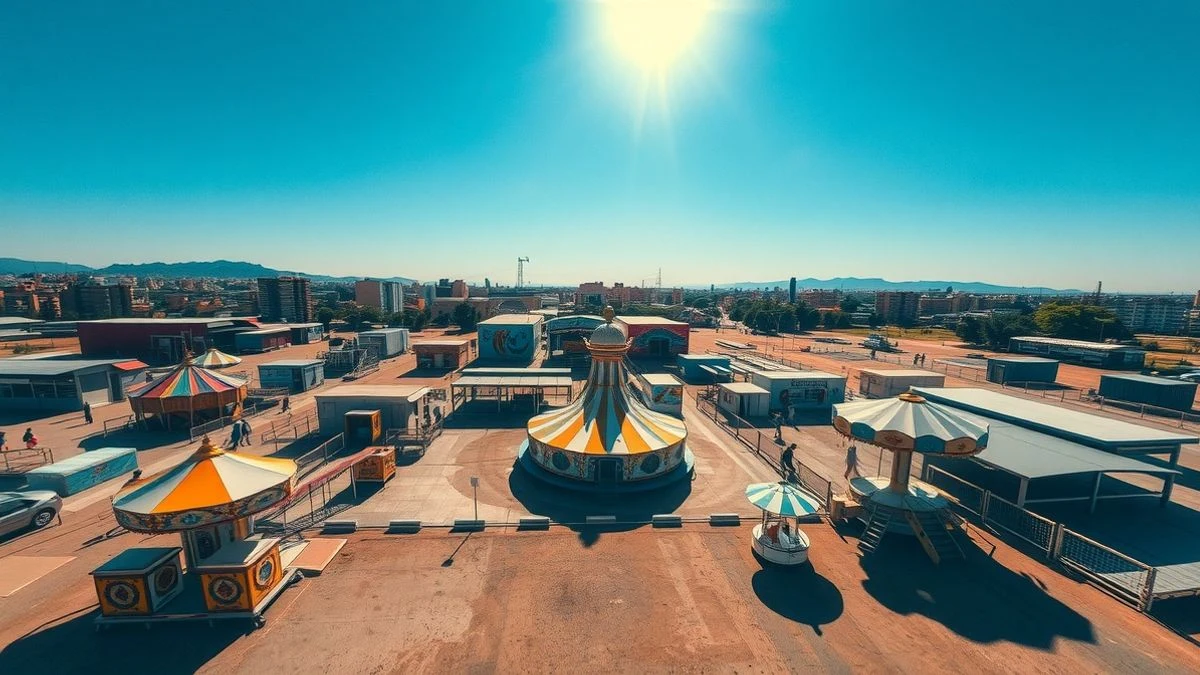 Imagen ilustrativa: vista aérea de un recinto ferial vacío bajo un sol intenso, con atracciones y casetas sin gente.