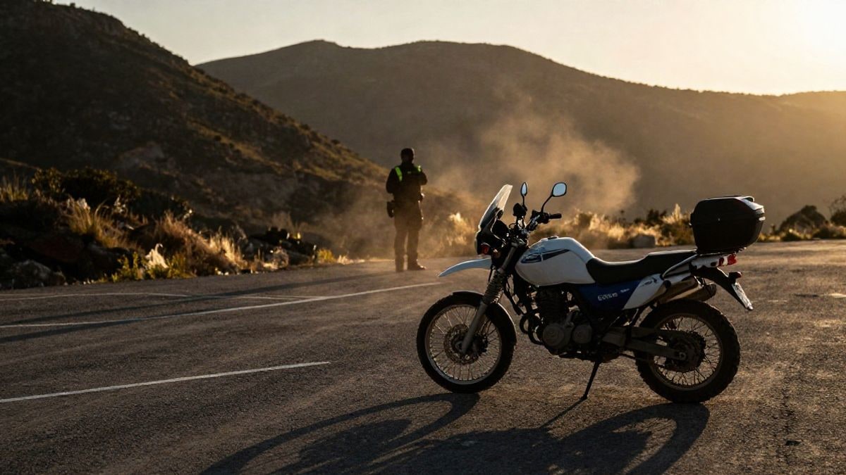 Imagen ilustrativa: moto de la Guardia Civil en una carretera de montaña al atardecer, con silueta de agente de espaldas.