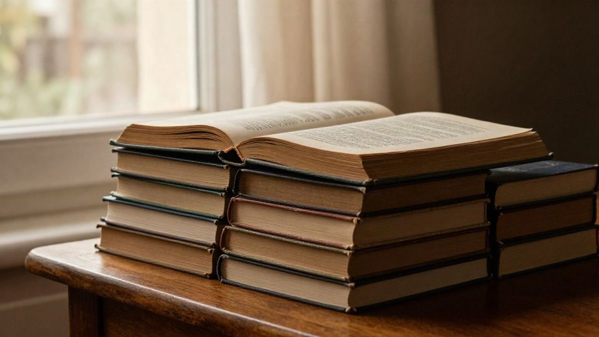 Imagen ilustrativa: montón de libros y un poemario abierto sobre una mesa de madera junto a una ventana con luz cálida