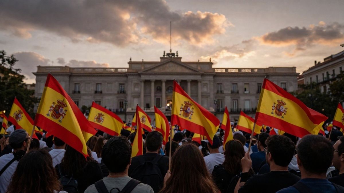 Imagen ilustrativa: multitud con banderas de España en una plaza ante un edificio consistorial genérico al atardecer.