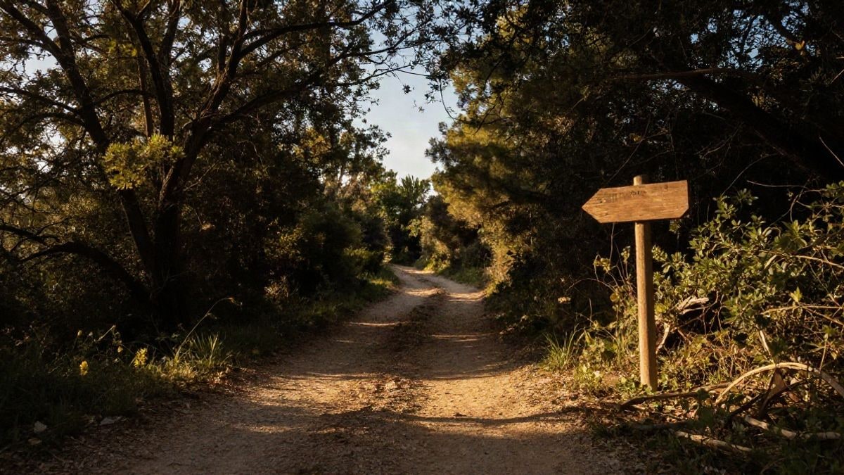 Imagen ilustrativa: sendero de tierra entre árboles con un poste de señales de madera, iluminado por el sol.