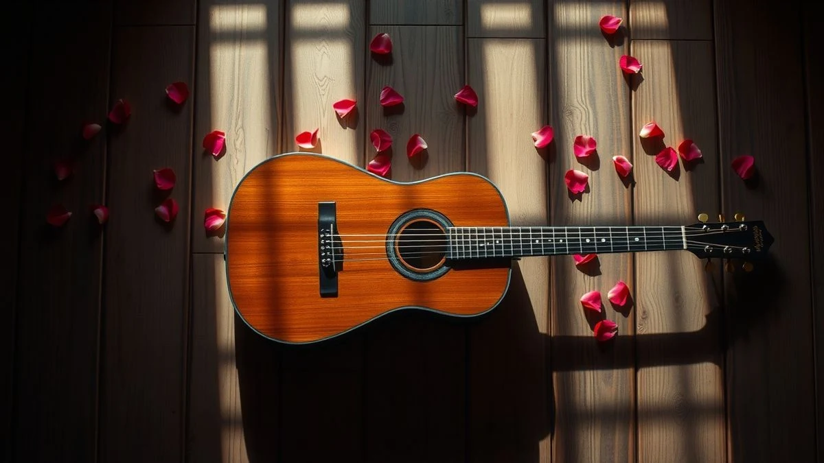 Vista cenital de una guitarra flamenca sobre un escenario de madera con pétalos de rosa y luces teatrales.
