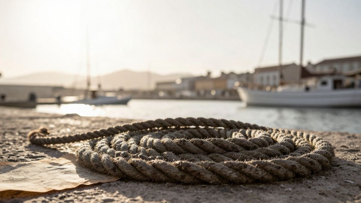 Imagen ilustrativa: cabo de barco antiguo enrollado sobre un muelle de piedra al atardecer, con el puerto desenfocado al fondo
