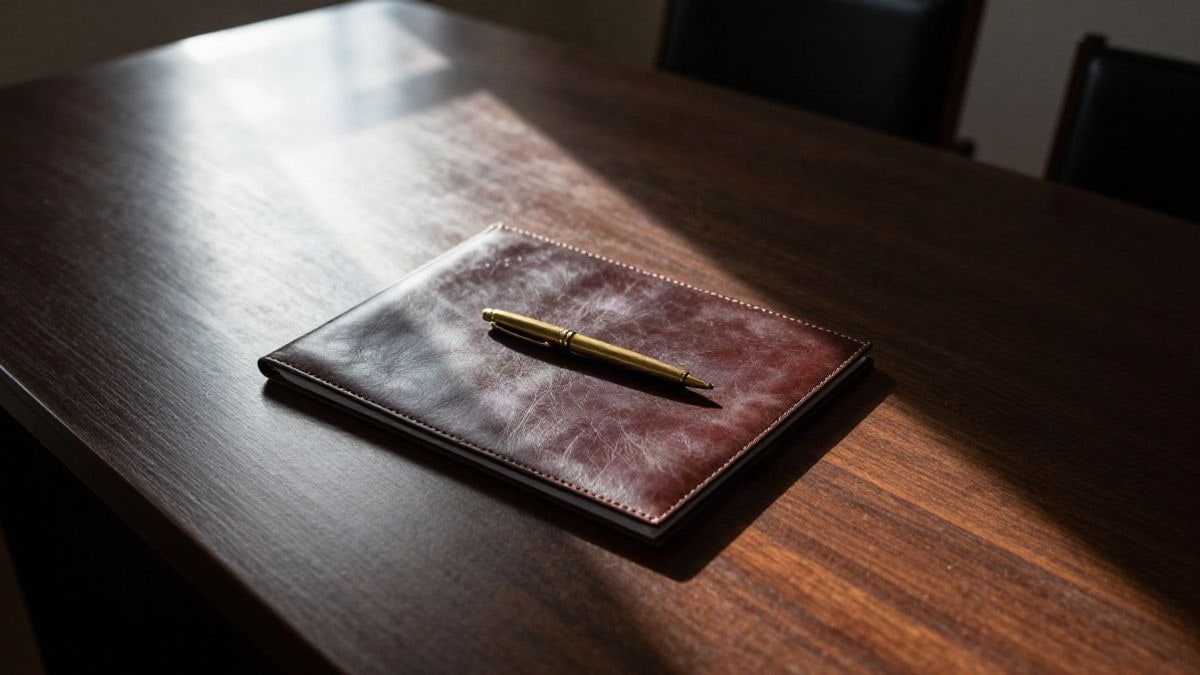 Imagen ilustrativa: mesa de madera vacía en una sala de tribunal vista desde arriba, con una carpeta cerrada y un bolígrafo