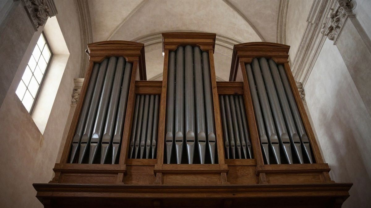 Imagen ilustrativa: órgano de iglesia visto en ángulo bajo con tubos y bóveda al fondo