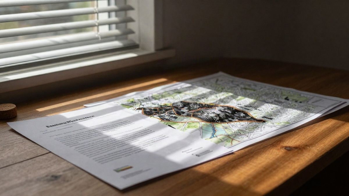 Imagen ilustrativa: interior con luz lateral de ventana sobre una mesa con documentos y un mapa de zona forestal