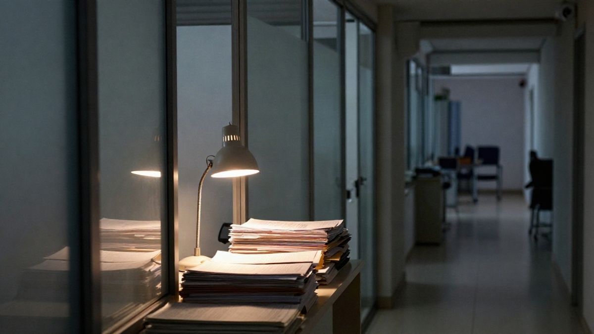 Imagen ilustrativa: un pasillo de oficina vacío de noche con una lámpara encendida sobre expedientes