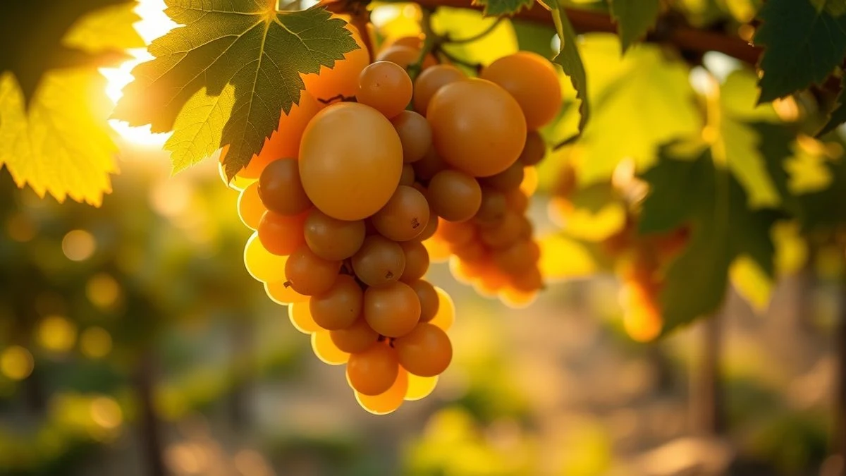 Imagen ilustrativa: primer plano de un racimo de uvas Moscatel en la vid, con luz matutina y fondo desenfocado de viñedo