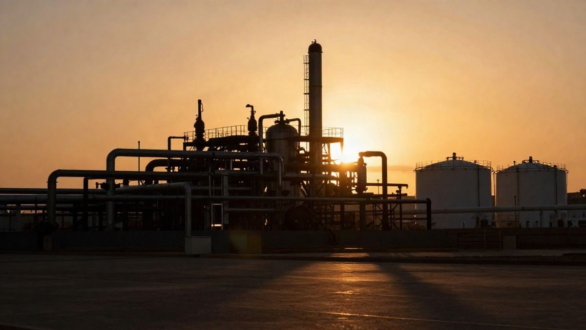 Imagen ilustrativa: silueta de una planta industrial al atardecer con sombras largas sobre el terreno