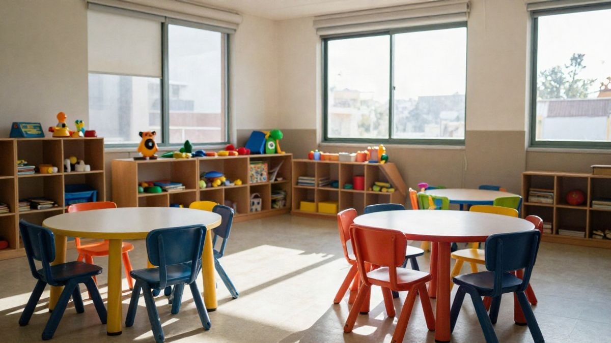 Imagen ilustrativa: aula infantil vacía con mesas y sillas de colores, luz natural y estanterías con material didáctico.