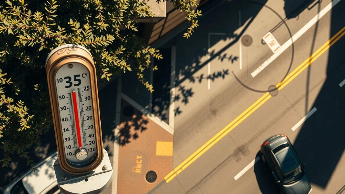 Vista cenital de una calle de Huelva con un termómetro marcando 35 grados al sol