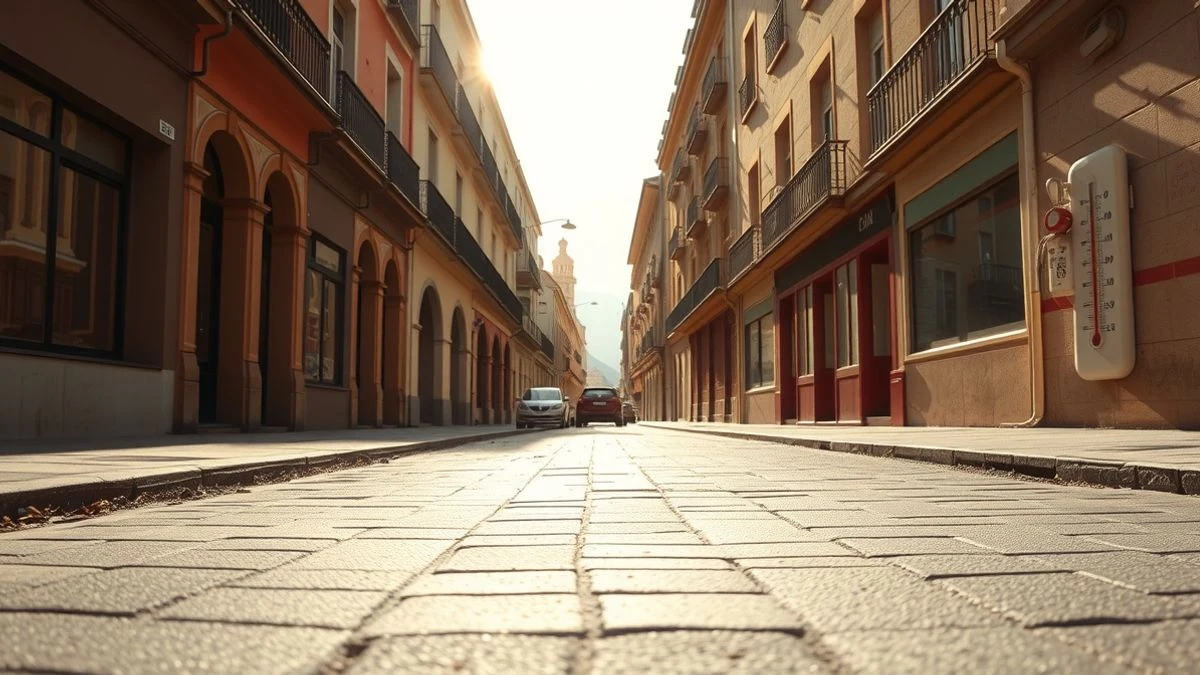 Imagen ilustrativa: una calle urbana con fuerte luz solar, un termómetro en una pared y horizonte con calima, sin personas.