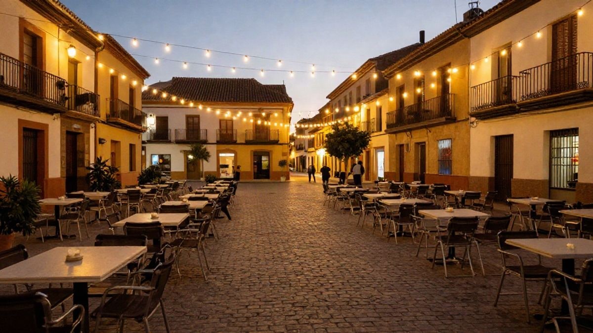 Imagen ilustrativa: plaza de un municipio español al atardecer con mesas y luces preparadas para un evento musical