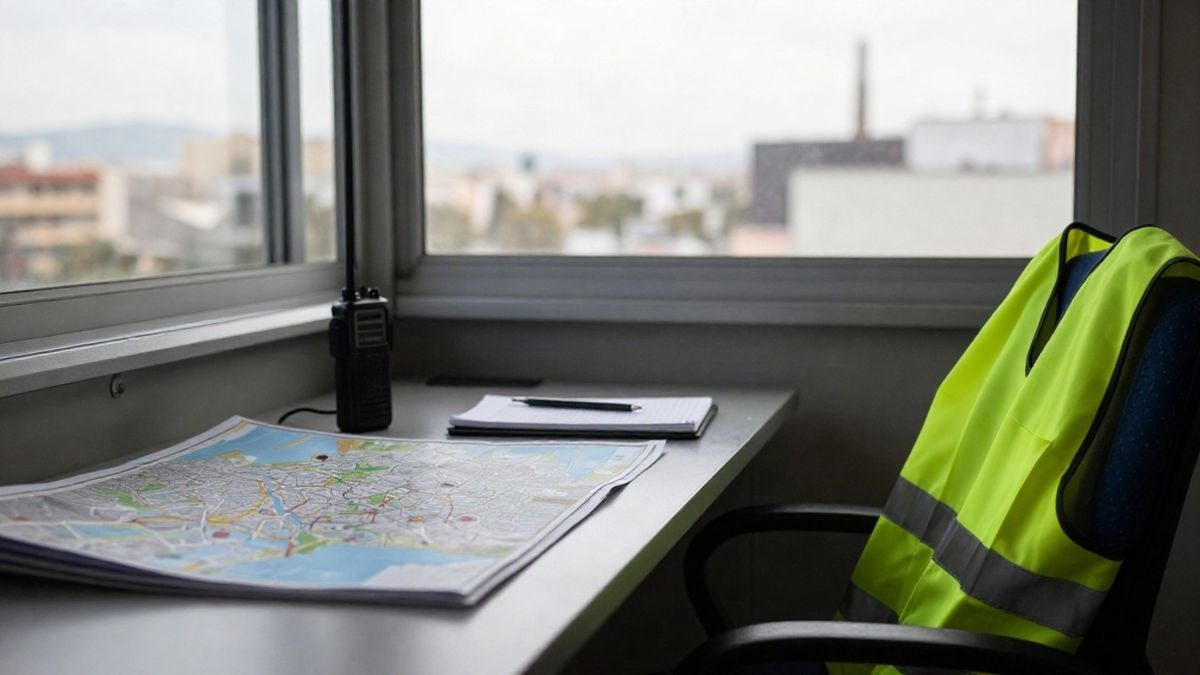 Imagen ilustrativa: mesa de control de tráfico con mapa urbano, radio y chaleco reflectante junto a una ventana