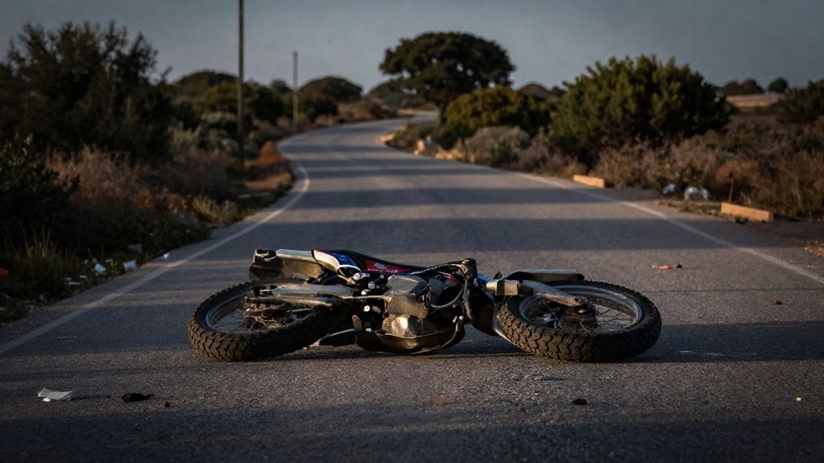 Imagen ilustrativa: una carretera rural al atardecer con una motocicleta accidentada y restos en el asfalto