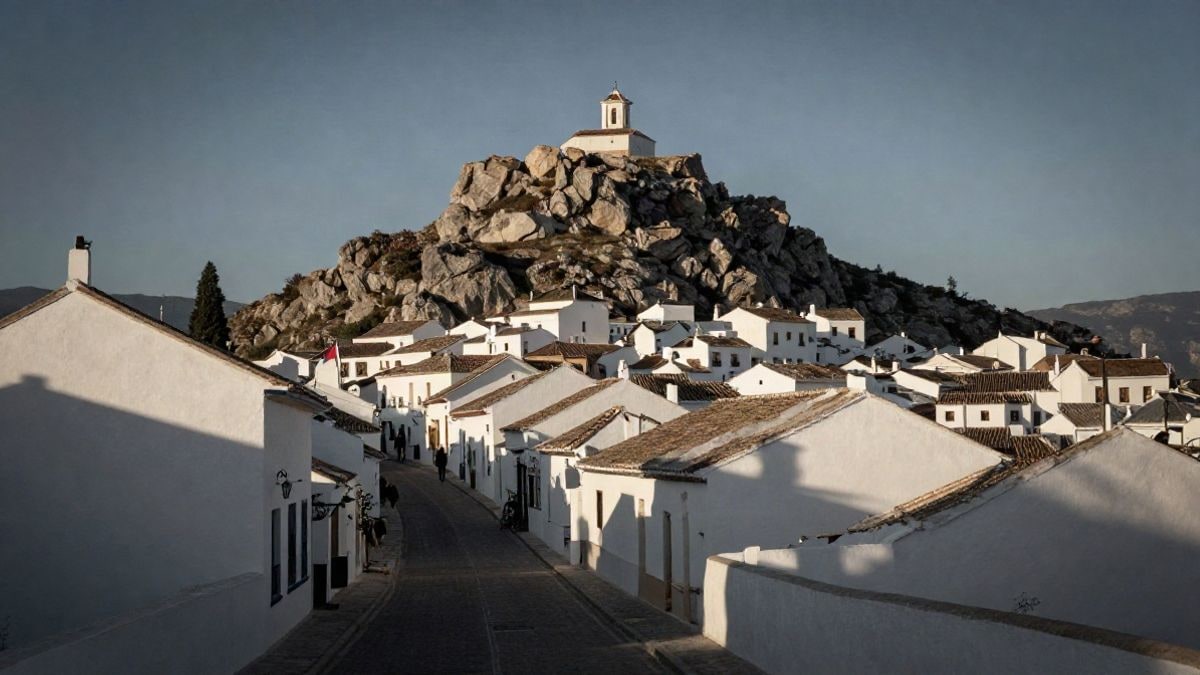 Imagen ilustrativa: paisaje serrano con un sendero hacia una ermita en una peña, al amanecer