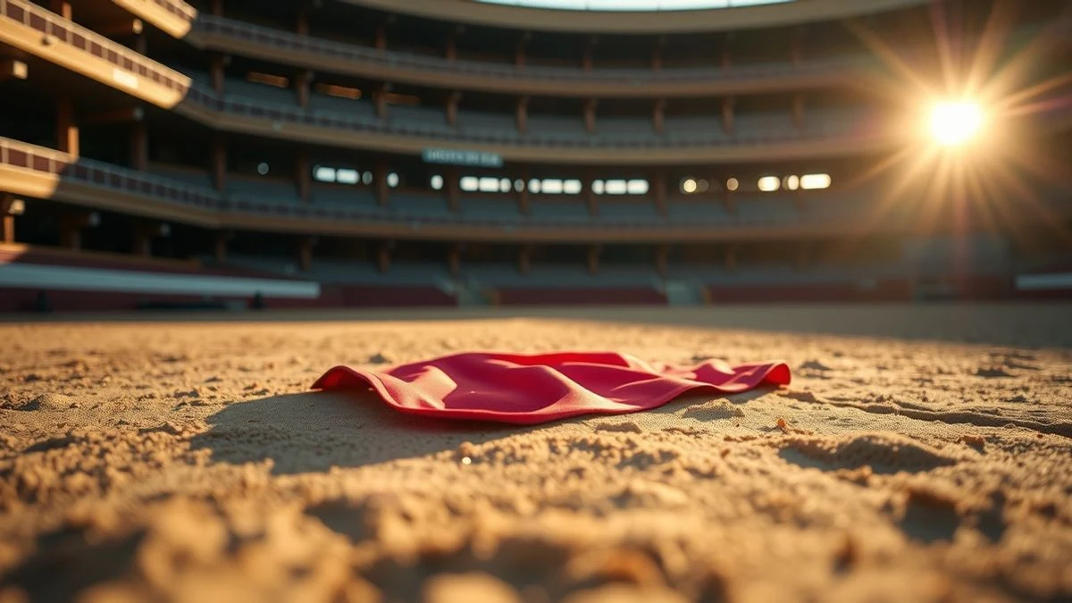 Imagen ilustrativa: un capote rojo sobre la arena de una plaza de toros al atardecer, con sombras largas y fondo desenfocado de barreras de madera.