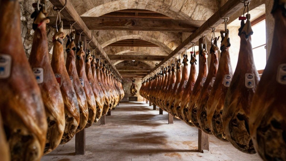 Imagen ilustrativa: gran angular de una bodega de curación con jamones ibéricos colgados y líneas que convergen