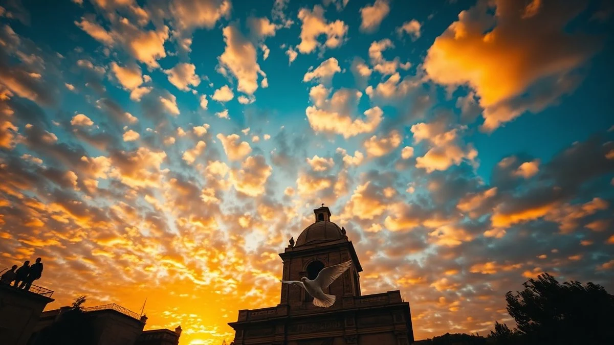 Campanario del Santuario del Rocío al atardecer con una paloma volando