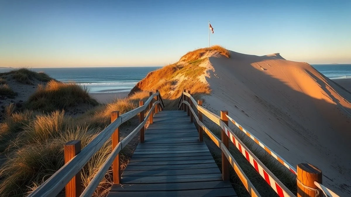 Imagen ilustrativa: escalera de madera en una duna erosionada con cinta de precinto retirada, al atardecer.