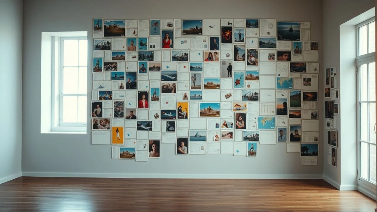 Galería de arte con pared llena de postales y collages de colores en el Centro de la Comunicación de Huelva