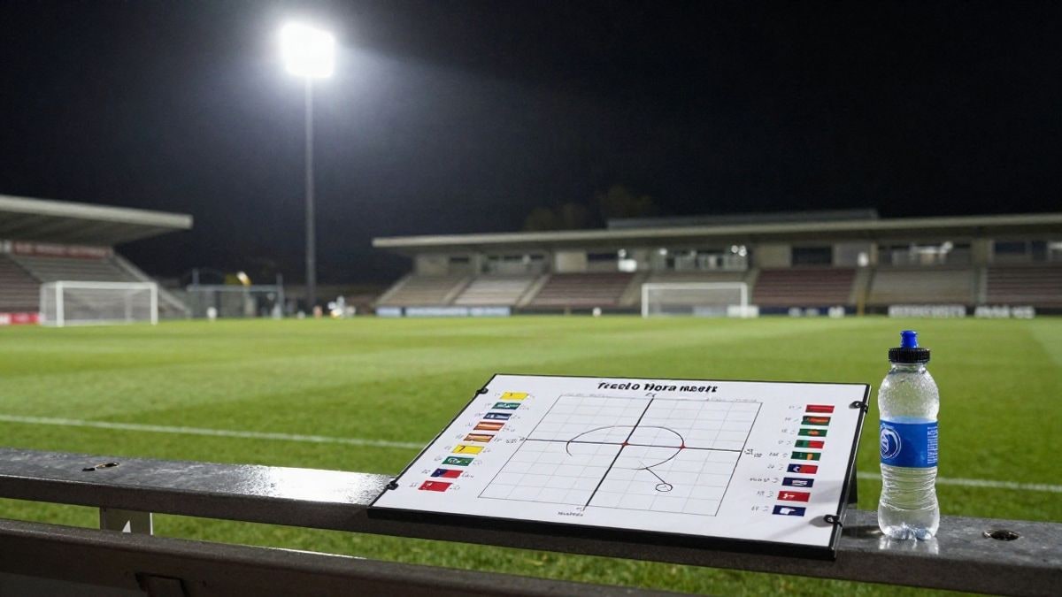 Imagen ilustrativa: banquillo vacío en un estadio de fútbol iluminado por focos durante un partido nocturno